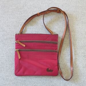 Red Nylon Dooney & Bourke Triple Zip Crossbody with tan Leather Trim
